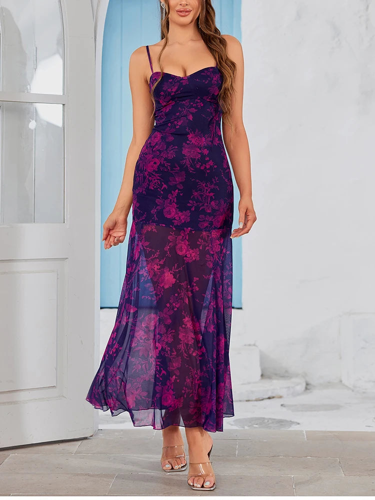 Aiertu  Sweet Floral Camisole Long Dress For Women Summer Print Empire Bodycon Vestido Beach Holiday Elegant Mesh Robes Female Aiertu