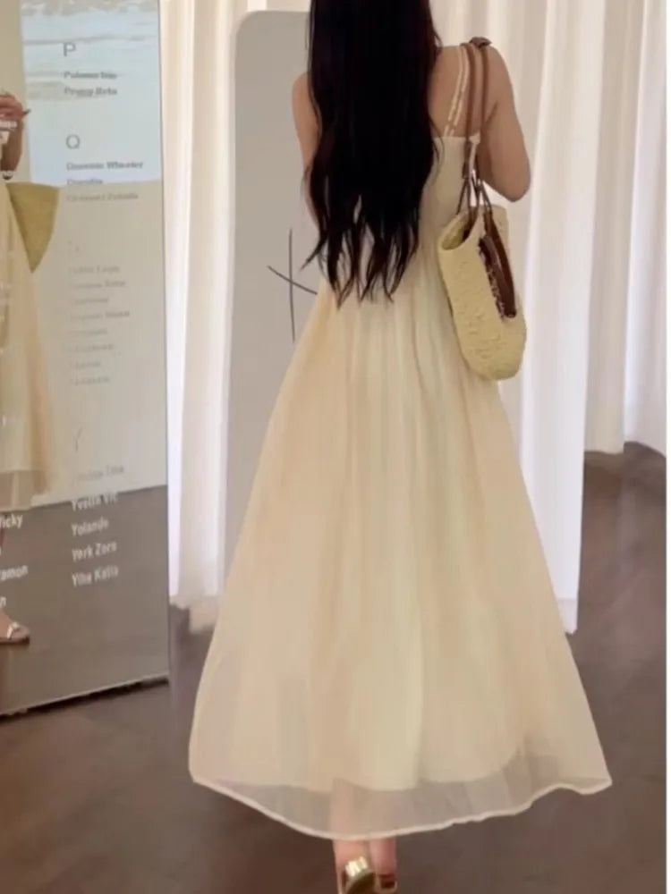 Aiertu Elegant and Chic Women Summer A-Line Dress Spaghetti Strap Vintage Solid Party Prom Robe Sleeveless Female Vestidos Lady Mujers Aiertu