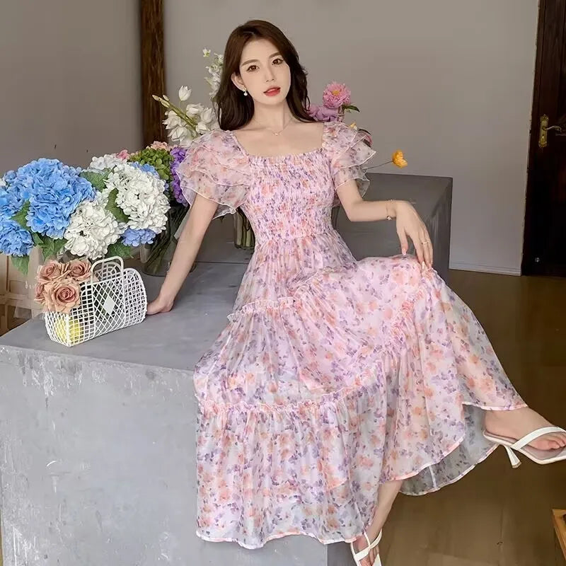 Aiertu Summer New Square Collar Pleated Long Dress French Style Butterfly Sleeve Elegant Sweet Print Dress Female Fashion Night Party Aiertu
