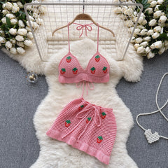 Aiertu  Strawberry Sweet Beach Two Pieces Sets Halter Backless Camis+Short Skirts Fashion Hook Flower Hollow Out Beach Suits Aiertu