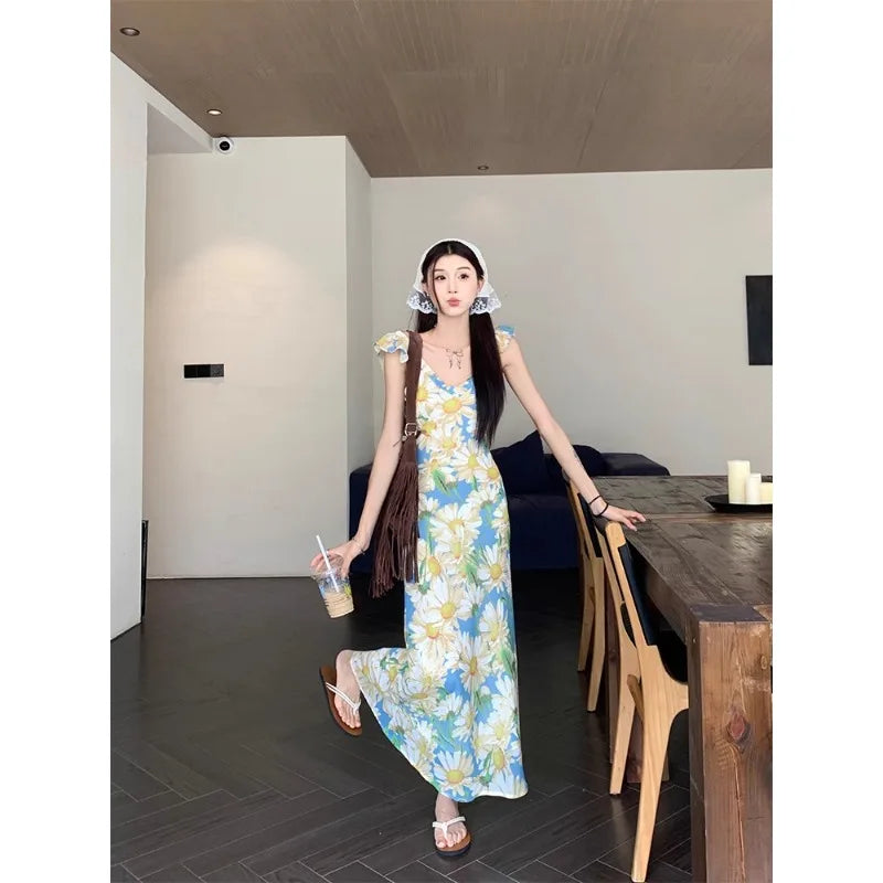 Aiertu 2024 Korean Chic Summer Dress Vintage Elegant Print Ruffles V Neck Off Shoulder Beach Dress Chiffon Dresses Long Aiertu