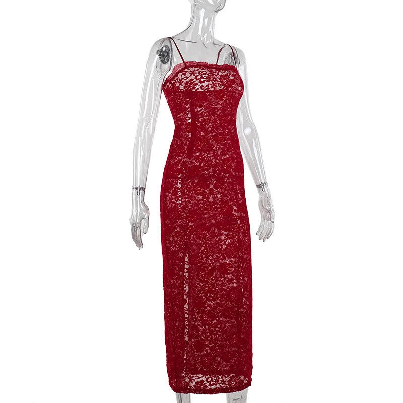 AIERTU  -  Vintage Lace Spaghetti Strap See Through Bodycon Split Summer Long Dress Women Evening Party Sexy Slim Fit Vestidos Aiertu