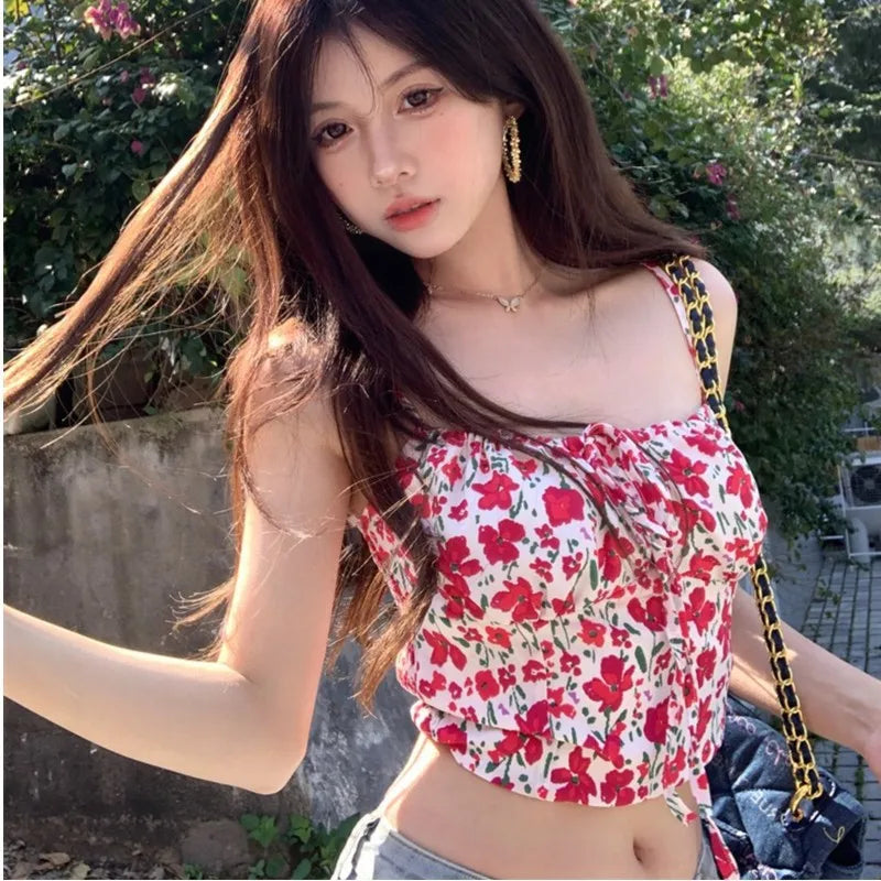 AIERTU  -  New Women Sweet Y2K Floral Print Crop Cami Top Backless Tie Up Sleeveless Slim Fit Summer Casual Outerwear & Innerwear Aiertu