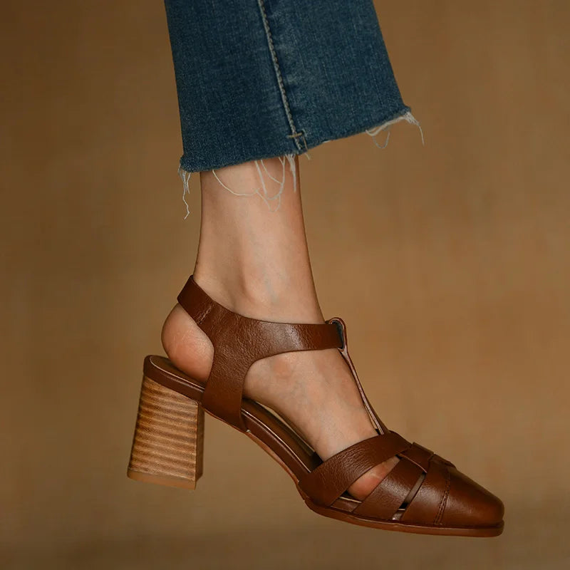 Aiertu Summer Sandals Female Retro Sandals Buckle Strap Womens Pumps Cowhide Ladies Shoes Spring Autumn Gladiator Sandal Roman Style Aiertu