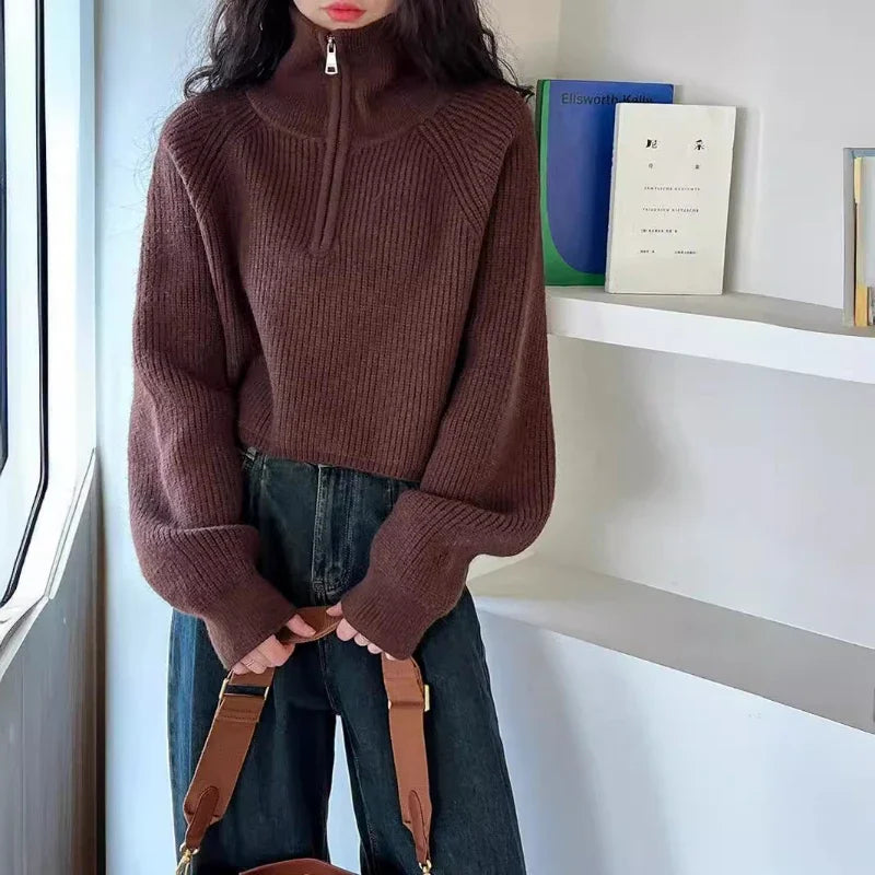 Autumn Winter  Zipper Sweaters Women Solid Color High Neck Knitted Pullover Solid Red Loose Turndown Collar Women's Turtleneck Aiertu