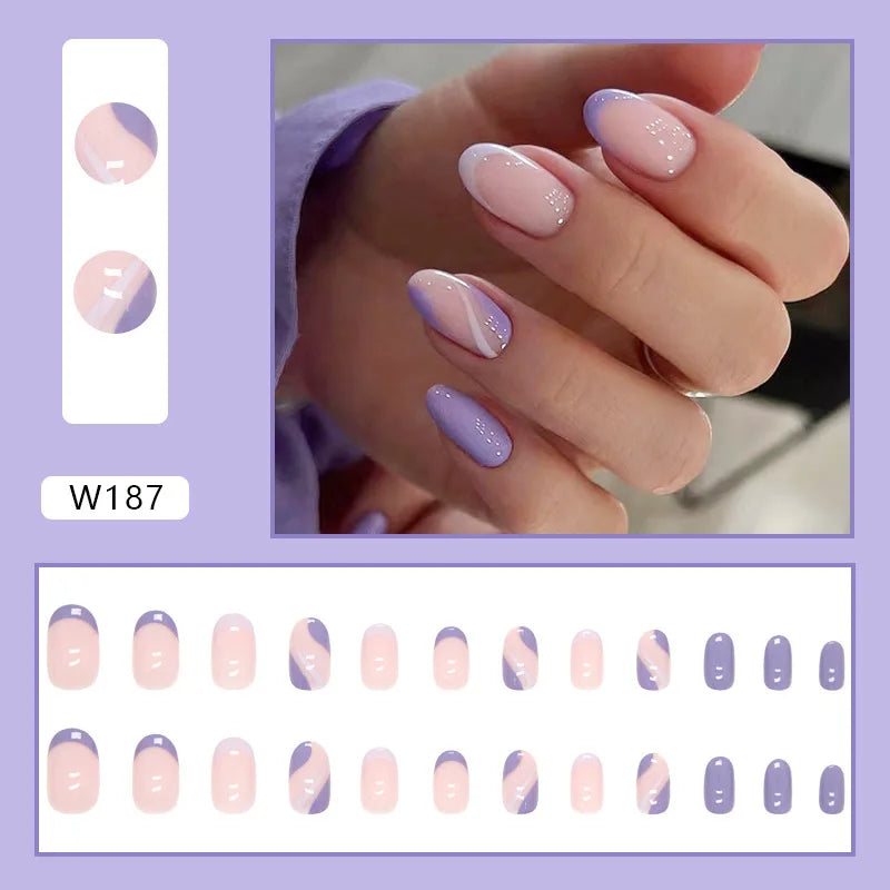 Aiertu 24pcs/Box Ballerina Nail Tip Purple with Design Manicure Patches Fresh Floral Almond False Nails Press on Med Nails Detachable Aiertu