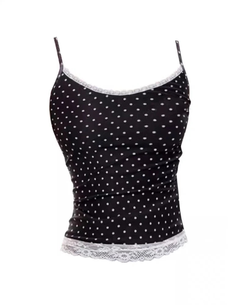 Aiertu Kawaii Sweet Lace Tanks Women Korean Fashion Y2k Harajuku Streetwear Polka Dot Printing Slim Tees Tops Soft Hot Gril 2024 Aiertu