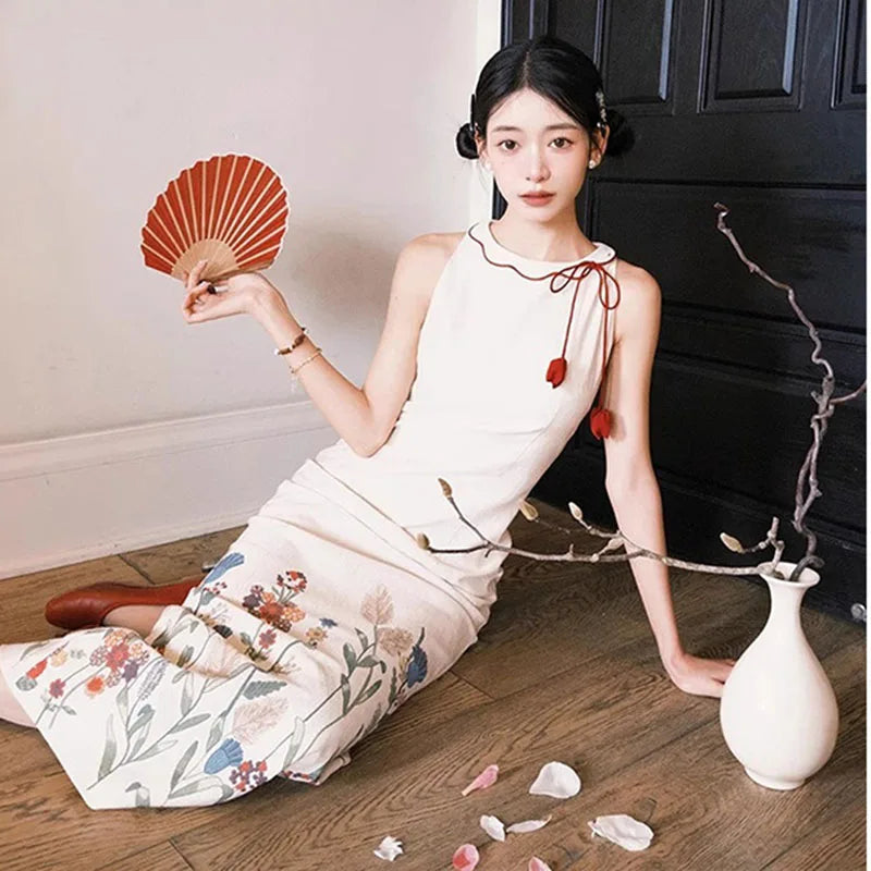 AIERTU  -  Women Dress New Chinese Style Printed Cheongsam Design Round Neck Tie Up Sleeveless Slim Fit Artistic Eetro Texture Long Dresses Aiertu