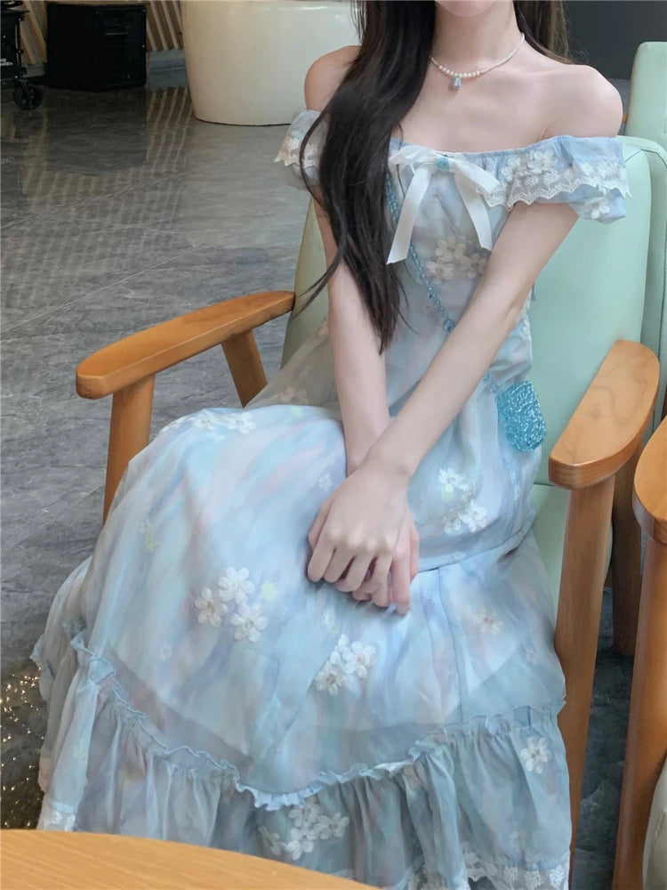 Aiertu Kawaii Japanese dress lolita y2k Sweet Blue Floral Dress Women Casual Evening Party One Piece Dress Korean Fashion Summer 2024 Aiertu