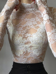 Aiertu Basic Solid Lace T Shirt See Through Sexy Slim Turtleneck Long Sleeve Tees Women Spring Summer Elegant Fashion Lady Aiertu