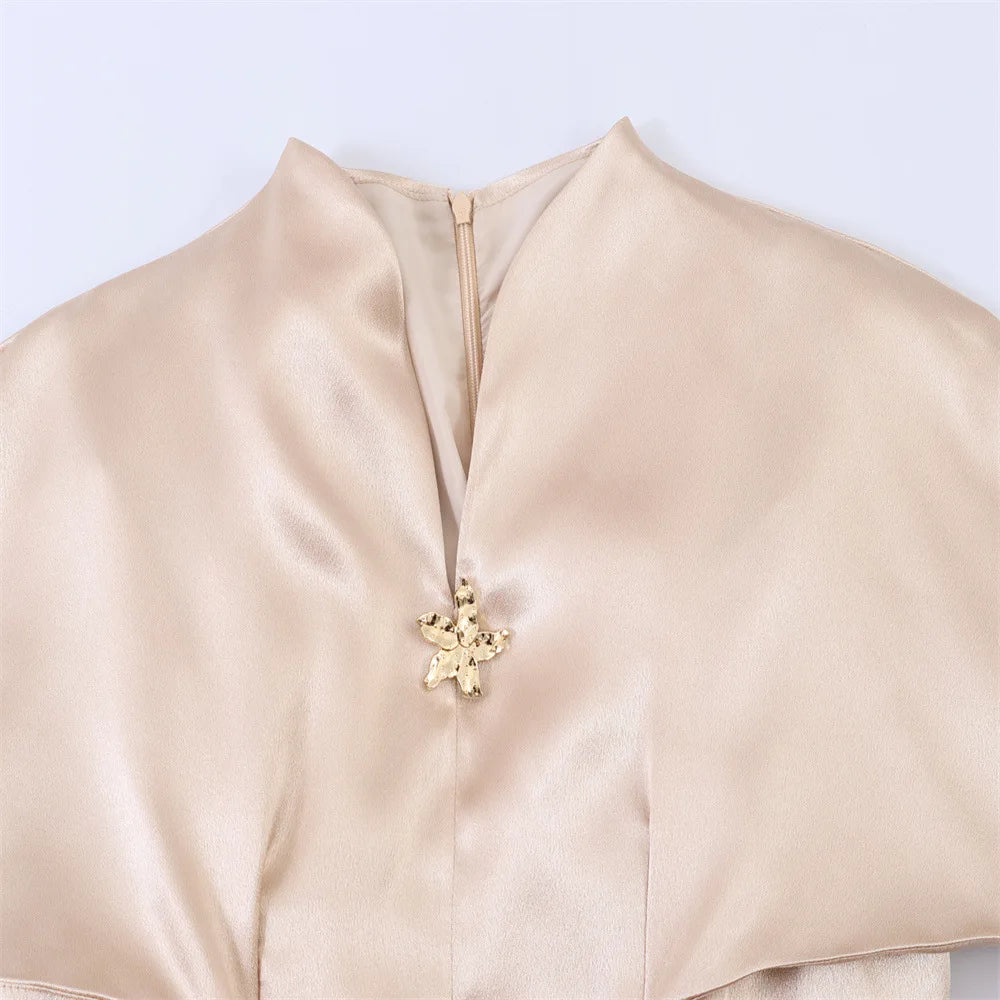 AIERTU  -  Summer New Women's Clothing Silk Satin Texture Slim Stand-up Collar Cape Waist Short-sleeved Shirt Top Aiertu