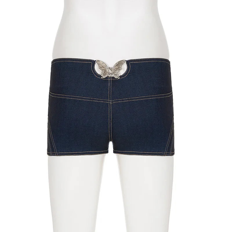 AIERTU  -  Y2K Bow Decoration Imitation Denim Shorts Low Waist Slim Fit Blue Hot Pants Sexy Summer Street Style for Women Aiertu