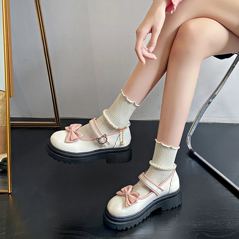 Aiertu Summer Female Shoes Fashion Mary Jane Shoes Round Head Band Heel Shoes Women Bow Pearl Square Heel Low-top Pumps Aiertu