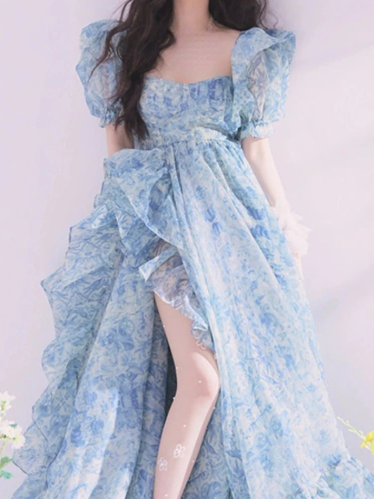Aiertu Vintage Floral Long Fairy Dress Women Summer Ruffles Elegant Beach Party Dresses Female Causal Korean Sweet Princess Dress Aiertu