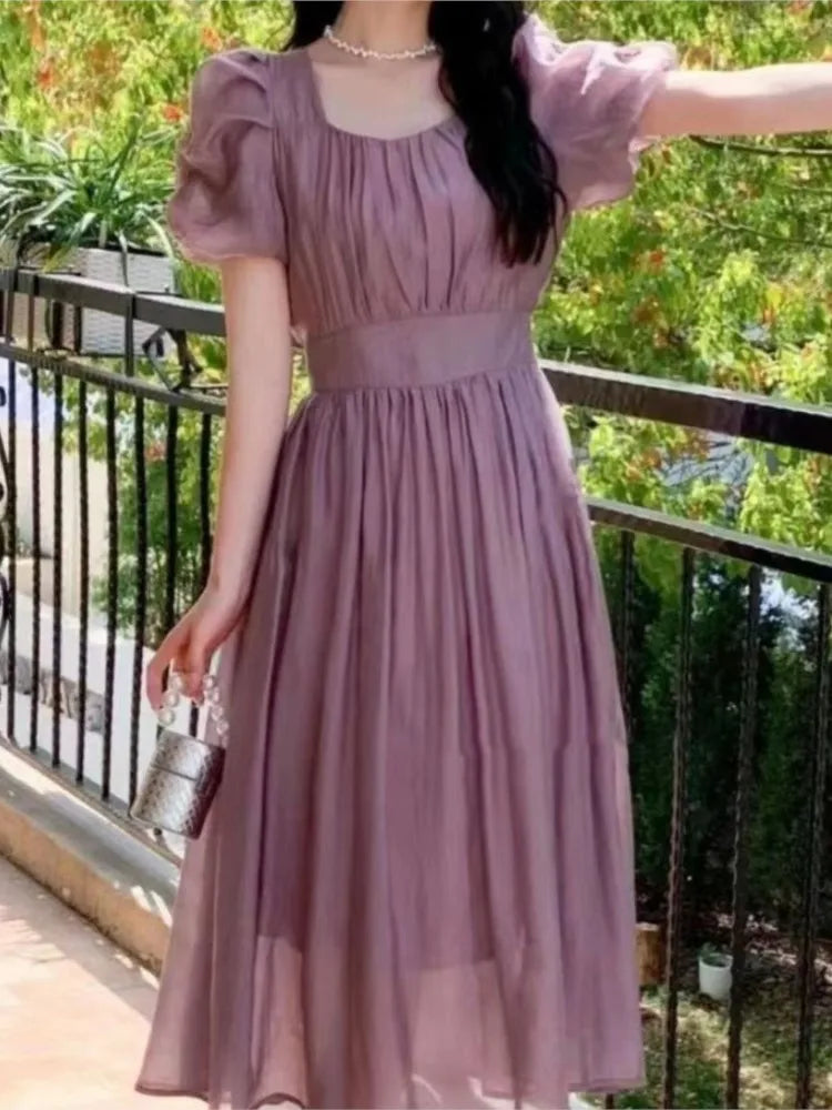 Aiertu Elegant and Chic Women Solid Summer Dress Vintage A-Line Short Sleeve Party Prom Dresses Female Clothes Long Robe New Aiertu