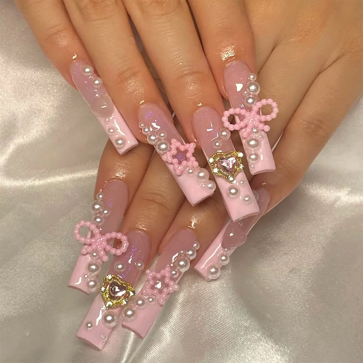 Aiertu 24Pcs Long Ballet False Nails with Bow Designs Pink Coffin Press on Nails Wearable French Fake Nail Full Cover Manicure Tips Aiertu