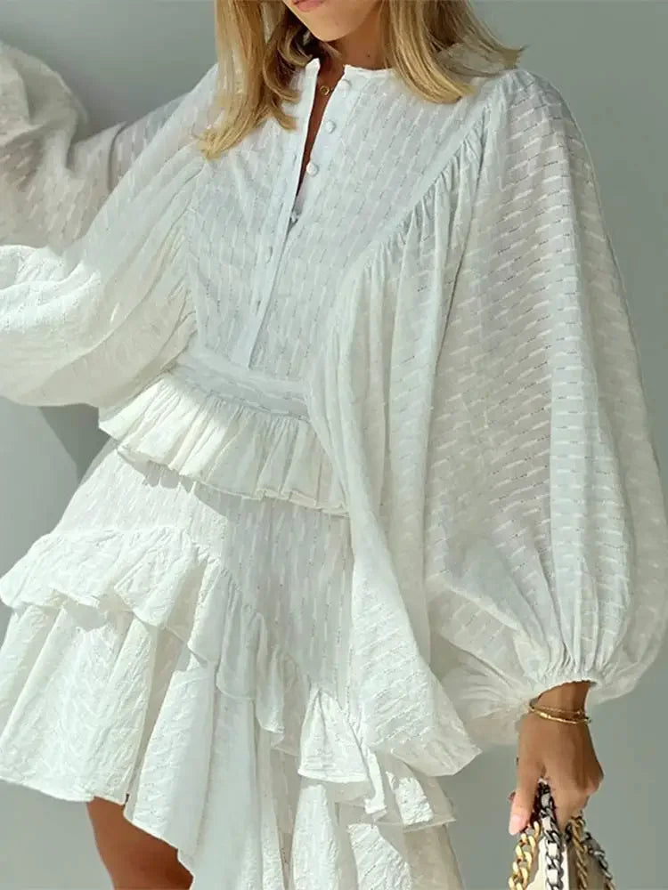 Aiertu Elegant Solid Ruffles Spliced Mini Dress For Women O Neck Long Lantern Sleeve Pleated Vestidos Summer Lady Party Street Dresses Aiertu
