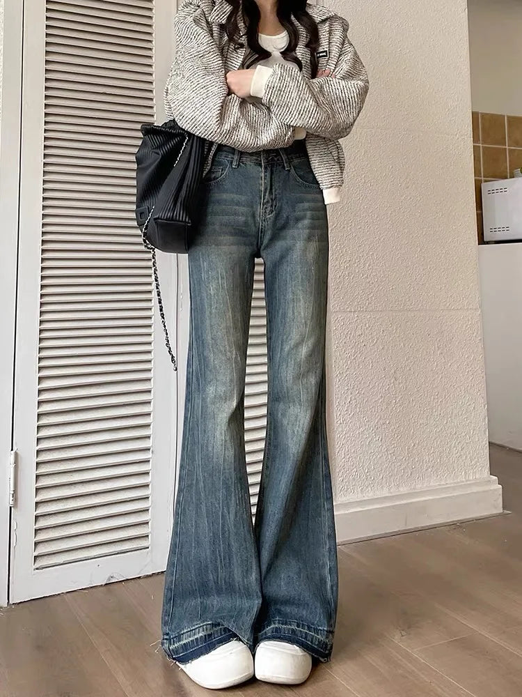 Aiertu Fashion Slim Casual Vintage Blue Women‘s Jeans Winter American Style Chic Office Ladies Pockets Basic Female Flare Pants Aiertu