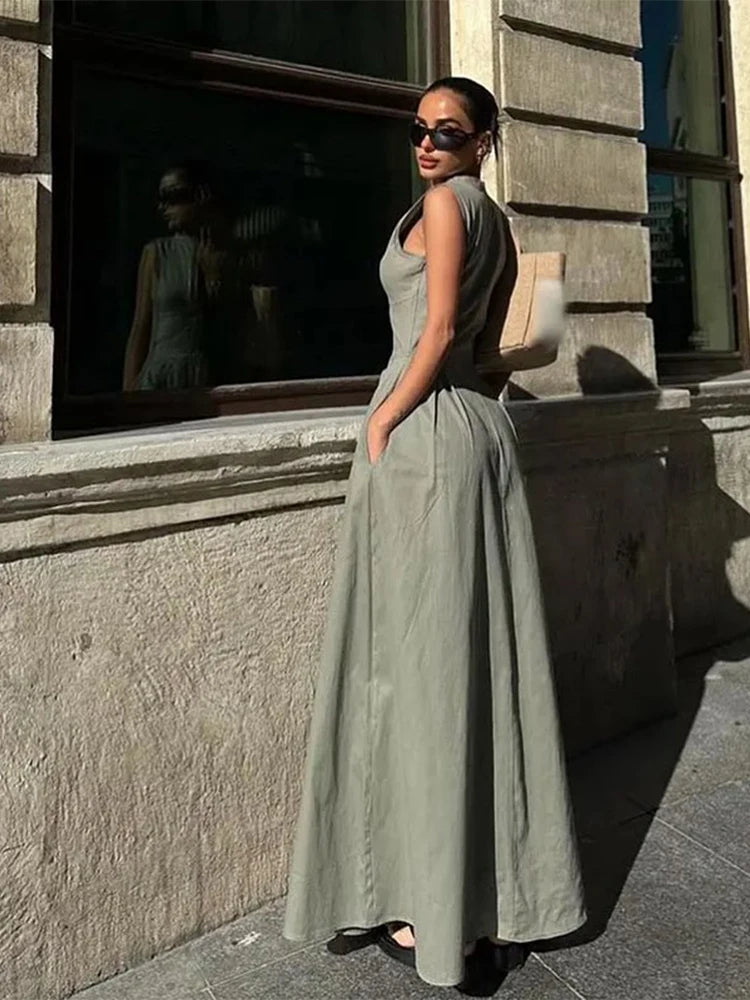 Aiertu Elegant Solid Sleeveless Women Maxi Dress Fashion V-neck Zipper Slim Cotton Linen Dresses 2024 Summer Office Lady Commuting Robe Aiertu
