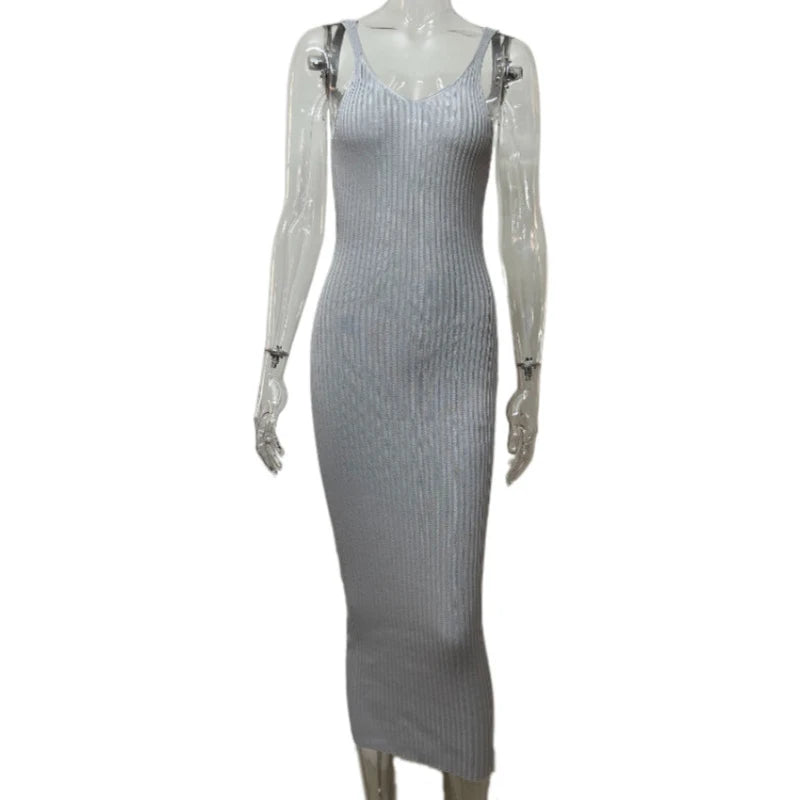 AIERTU  -  Sexy Ribbed Knitted Backless V Neck Sleeveless Elastic Tight Fit Maxi Dress Strappy Summer Bodycon Mujer Vestidos Clubwear Aiertu