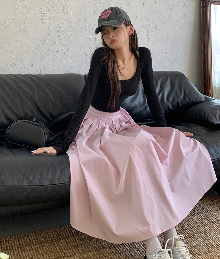 Aiertu Spring And Autumn New Fashion Women's Sweet Elegant High Waist Pleated Pink Zipper Half Length A-line Long Skirt Lady Sexy Party Aiertu