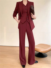 Aiertu Burgundy Suit Set Women Spring Office Ladies Lapel Single Breasted Vest Wide Leg Pants Blazer Three Piece Set Aiertu