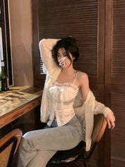 Aiertu Summer Pure Color Lace Camis Blouse Women Casual Party Elegant Sexy Crop Tops Slim Korean Style Fashion Designer Chic Vest Aiertu