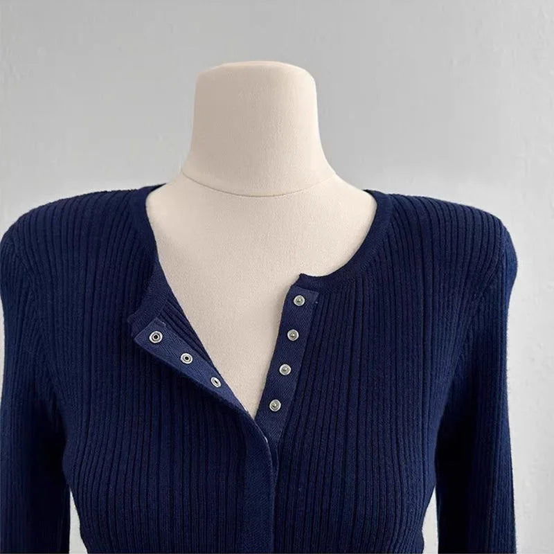AIERTU  -  Women's Black Ribbed Knit Cardigan Button Design Long Sleeve Slim Fit Autumn Casual Fashion Stylish Knit Top Aiertu