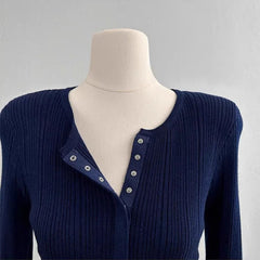 AIERTU  -  Women's Black Ribbed Knit Cardigan Button Design Long Sleeve Slim Fit Autumn Casual Fashion Stylish Knit Top Aiertu