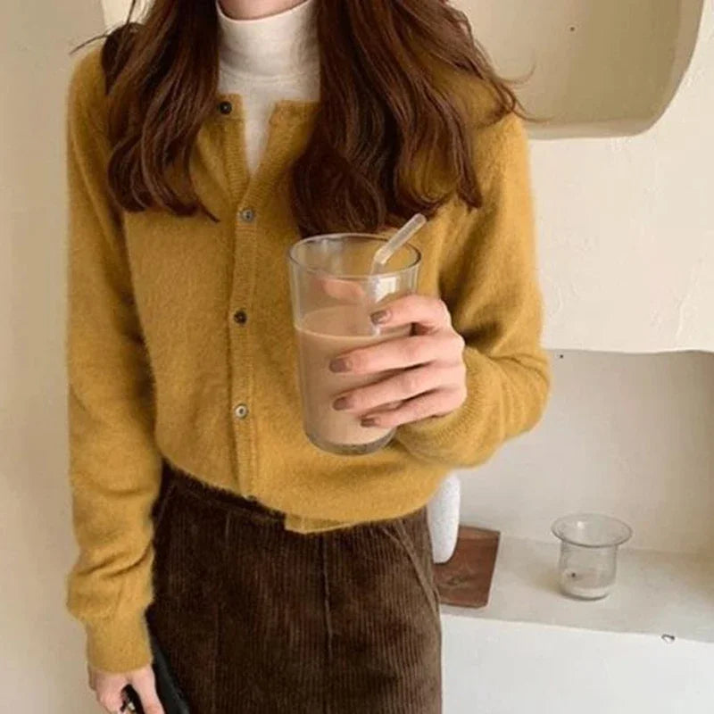 Aiertu Cold Weather Outfits Fall Solid Color Knitted Cardigan Women Korean Single Breasted Long Sleeve Jumper Woman Round Neck All Match Sweater Outwear Top Aiertu