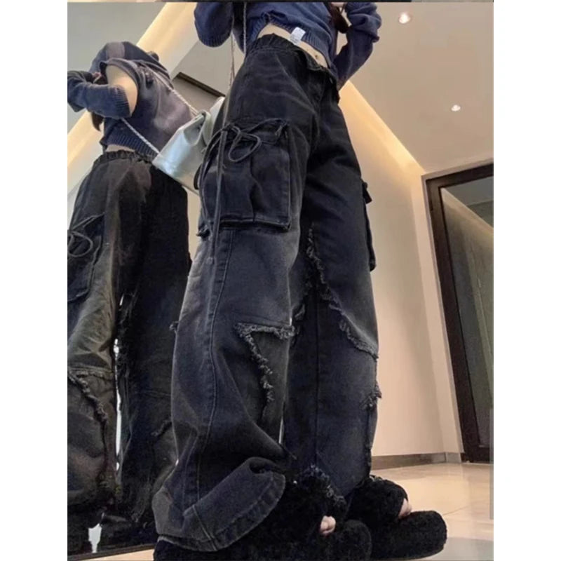 Aiertu Women's Black Gothic Baggy Cargo Jeans with Star Harajuku Y2k 90s Aesthetic Denim Trousers Emo 2000s Jean Pants Vintage Clothes Aiertu