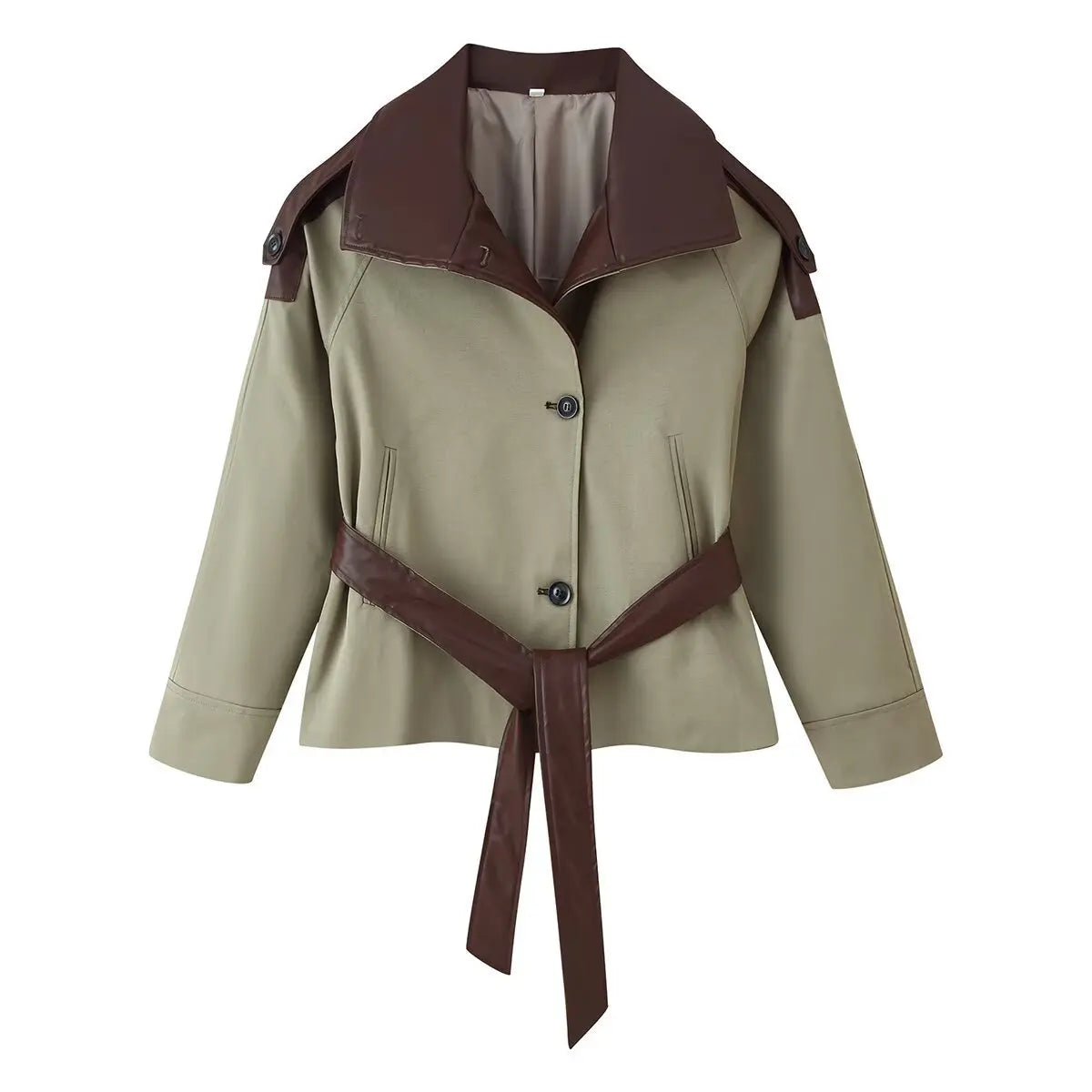 AIERTU  -  Autumn Women Khakigreen Spliced Faux Leather Lapel Safari Coat Tie Bow Sashes Waist Single-breasted Buttons Jacket Outerwear Aiertu