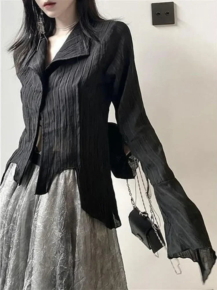 Aiertu Vintage Y2k Blouse Women Black Harjauku Gothic Shirt Pleated Button Up Korean Dark Tight Long Sleeve Aesthetic Female Aiertu
