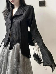 Aiertu Vintage Y2k Blouse Women Black Harjauku Gothic Shirt Pleated Button Up Korean Dark Tight Long Sleeve Aesthetic Female Aiertu