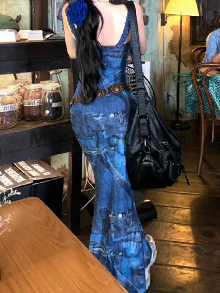 Aiertu Vintage Sweet Printing Design Midi Dress Women Summer Korean Y2k Strap Dress Female Retro Slimming One Piece Retro Dress 2024 Aiertu