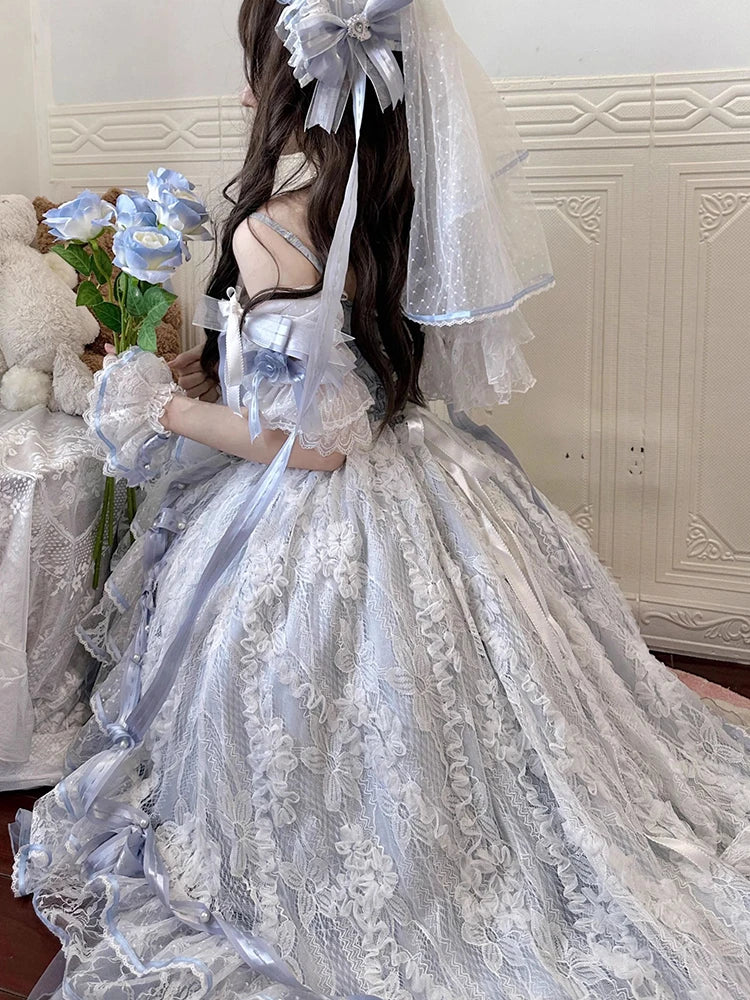 AIERTU  -  French Sweet Girl Original Lolitajsk Dress Lace Flower Wedding Dress Student Bar Mitzvah Blue Suspender Princess Dresses Aiertu