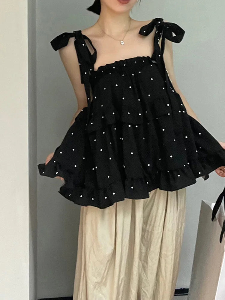 Polka Dot Camisole Women Summer New Arrival Bow Knot Lace Up Vintage Chic Spaghetti Strap Tops Female Ropa Mujer Aiertu