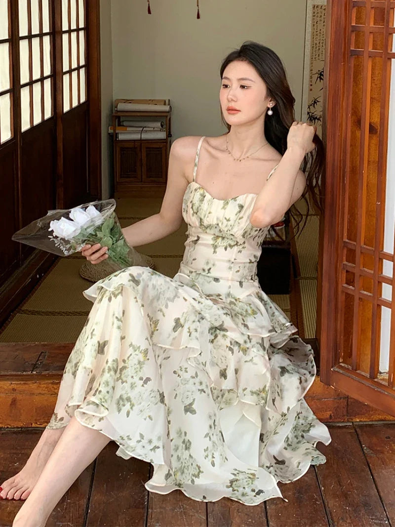 New Summer Print Midi Dress for Women Sleeveless Spaghetti Strap Chiffon Ruffle Floral Casual Slim Party Dresses Korean Aiertu