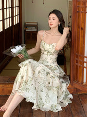 New Summer Print Midi Dress for Women Sleeveless Spaghetti Strap Chiffon Ruffle Floral Casual Slim Party Dresses Korean Aiertu