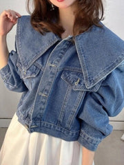 AIERTU  -  Autumn Korean Denim Jacket Women Big Peter Pan Collar Single Breasted Loose Short Jean Coat Sweet Casual Solid Outerwear Aiertu