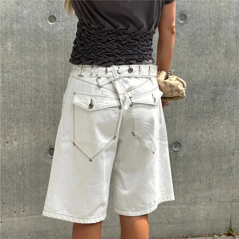 AIERTU  -  Y2K Trendy High Waist Denim Jorts Adjustable Waist Buckle Detail Loose Fit Wide Leg Baggy Jean Shorts Summer Streetwear Outfit Aiertu