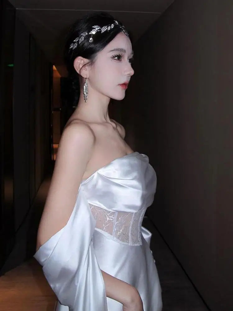 Aiertu Retro White Lace High Waist Off Shoulder Strapless Long Dress Women Sleeveless Backless Pleated Party Evening Dresses Summer New Aiertu