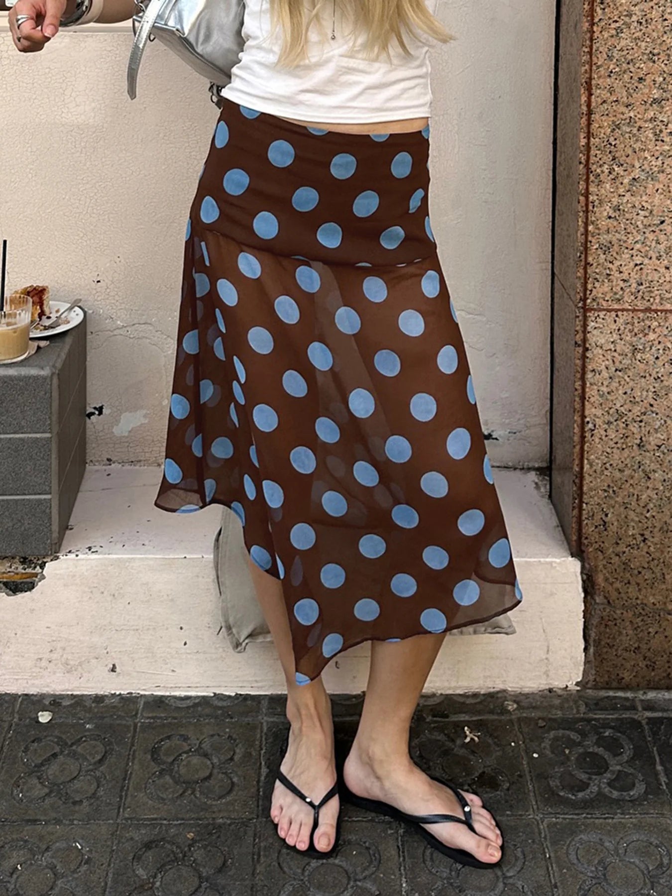 AIERTU  -  Style Fashionable Polka Dot Irregular Mesh Skirt New Temperament Light and Mature Style Mid-length Skirt Aiertu