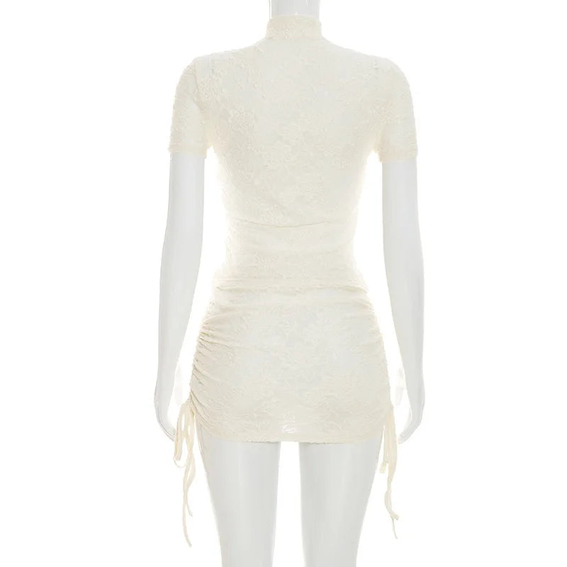 AIERTU  -  Vintage Lace Floral Embroidered Buckle T shirts Ruched Drawstring Sheer Mini Skirts Two Piece Sets for Party Event Summer Aiertu