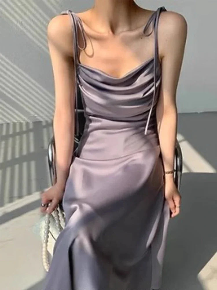 Aiertu Purple Satin Slip Midi Dress Women Vintage Korean Fashion Lace-up Spaghetti Strap Elegant Party Dresses 2024 Summer Aiertu