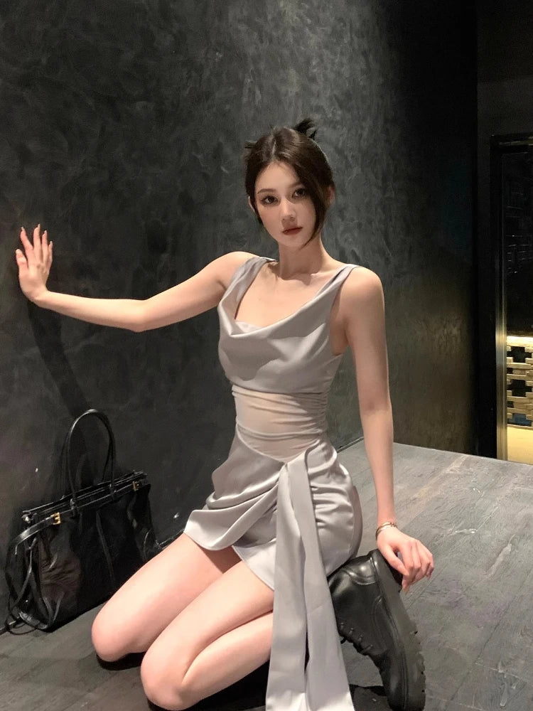 Aiertu 2000s Vintage Y2k Stain Mini Dress Women Casual Sleeveless Strap Dress Beach Style Outwear Korean Chic Elegant Lace-up Clothing Aiertu