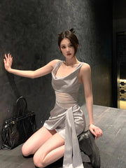 Aiertu 2000s Vintage Y2k Stain Mini Dress Women Casual Sleeveless Strap Dress Beach Style Outwear Korean Chic Elegant Lace-up Clothing Aiertu