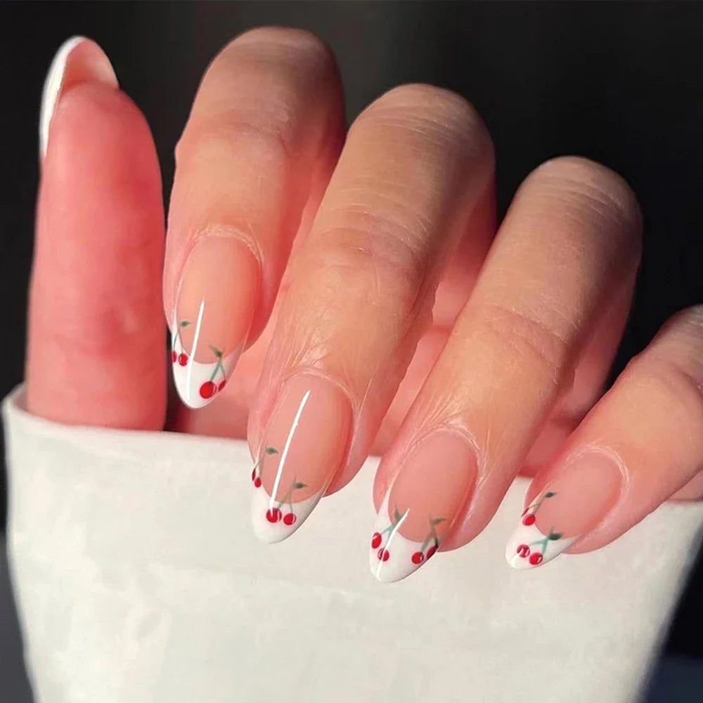 Aiertu 24pcs Vintage Cute Strawberry Fake Nail Girls Weable Romantic White Lace Decor False Nail Patch Detachable Almond Press on Nails aiertu