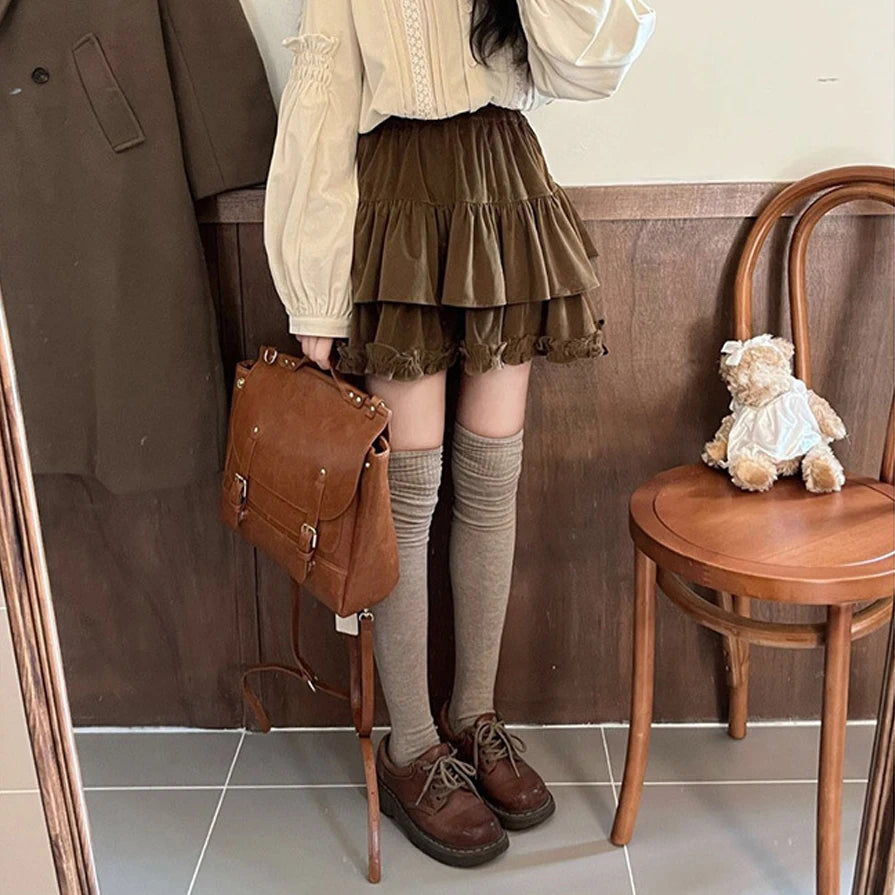 Aiertu 90s Winter Ruffle Brown Kawaii Lolita Pleated Skirt Women Fairy Y2k Mini Skirt Female Korean Fashion Cute Mini Cake Casual Skirt Aiertu