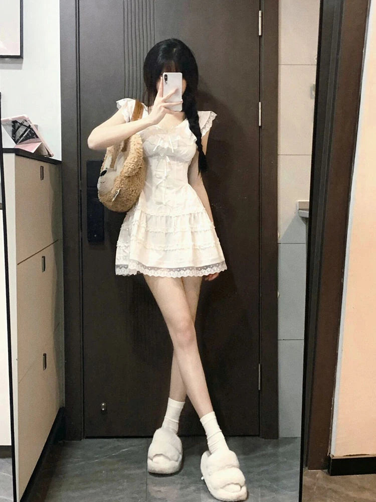 Aiertu Y2k Coquette White Lolita Sweet White Kwaii Cute Mini Dress Women Lace Bow Princess Slip Lace Short Dresses 2024 Fashion Aiertu